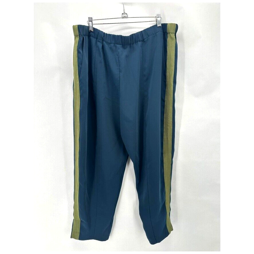 Blue Cropped Track Pants with Olive Side Stripe